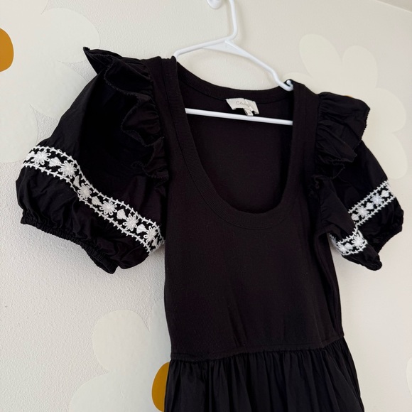 EUC Cleobella Black Selma Midi Dress with Ruffle Puff Short Sleeves & Embroidery - Picture 6 of 13